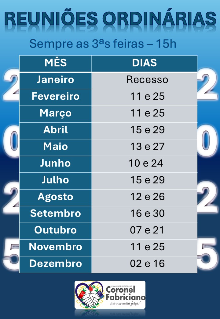 Calendário das Reuniões Ordinárias da Câmara de Coronel Fabriciano